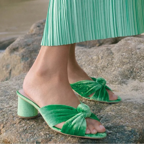 Loeffler Randall Shoes - Loeffler Randall Celeste Velvet Knot Mid Heel Slide Sandals Green Size 6.5